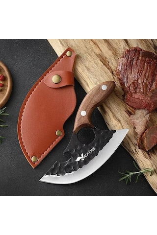 Valkyrie Outdoor Kamp Et Sebze Doğrama Satırı Kılıflı Bıçak Ahşap Saplı Çok Amaçlı Kahverengi