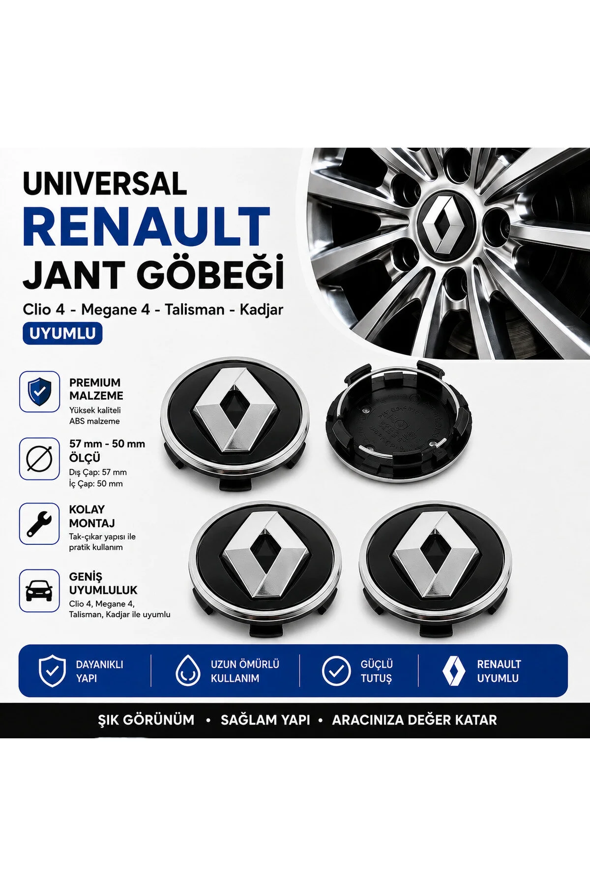 Universal Renault Clio 4 - Megane 4 - Talisman - Kadjar Uyumlu Jant Göbeği Dış Çap 57 - İç Çap 50 Mm