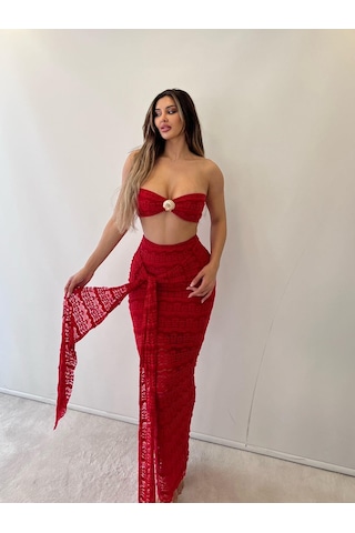Kırmızı Sydney Seashell Lace Etekli İkili Taklım Kırmızı