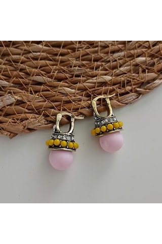 Lente Aksesuar Etnik Tarz Sallantılı Kristal Taşlı Renkli Otantik Model Küpe Pembe