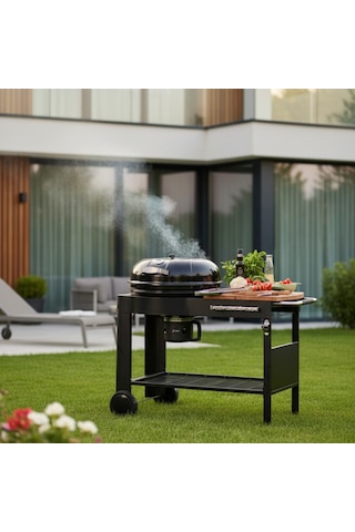 Tezgahlı Kapaklı Mangal Tekerli Kömürlü Mangal Geniş Izgara Alanı Siyah Barbekü