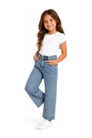 İrem Kız Çocuk Taşlanmış Model Beli Lastik Ayarlamalı Fermuar Kapamalı Düz Mavi Renk Kot Pantolon