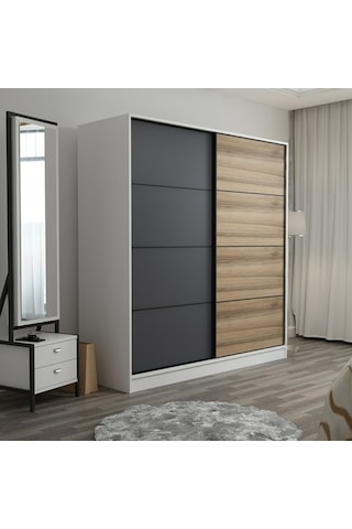 Minarmobilya Minar Kale 2 Kapaklı Sürgülü Dolap 180 Cm - Beyaz/Antrasit/Dore