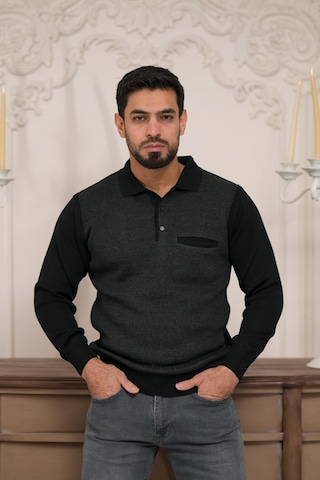 Woolen World Polo Yaka Cepli Armürlü Yünlü Erkek Triko Kazak Siyah