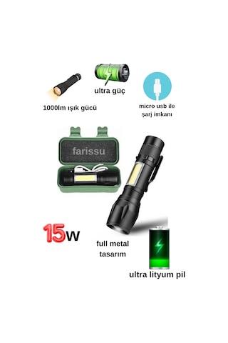 15w 1000lm Mini Zomlu Flaşörlü Ful Metal Suya Karşı Dayanıklı El Feneri Çok Renkli