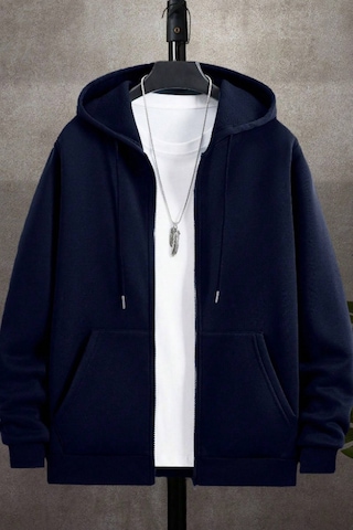 Cool Tarz Unisex Relax Fit Rahat Kesim Pamuklu İçi Polarlı Çift Cepli Fermuarlı Lacivert Kapüşonlu Sweatshirt Lacivert Lacivert