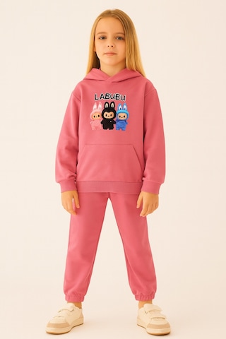 Esila Kids Kız Çocuk Eşofman Takımı Labubu Takım Kapüşonlu Baskılı Sweatshirt Ve Pantolon Gül Kurusu