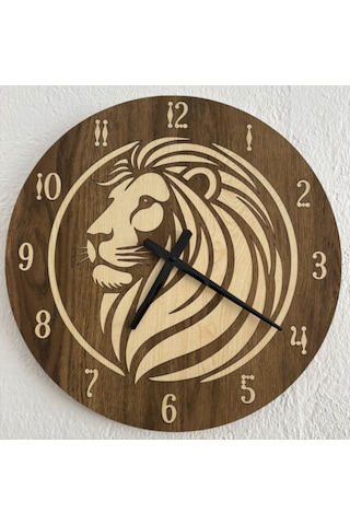 Safari Serisi - Aslan - Ahşap Duvar Saati - 40 Cm Ahşap