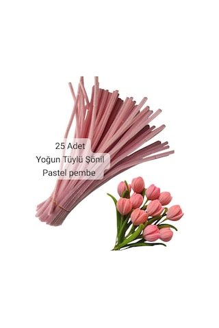 25 Adet Pastel Pembe Şönil, Çiçek Yapımına Uygun Tüylü Tel, 30 Cm 6 Mm