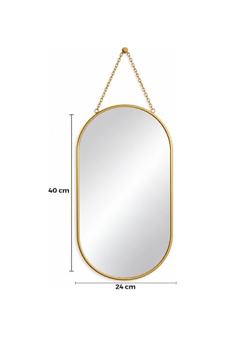 Dekoratif Duvar Aynası - Gold Metal Çerçeveli - İp Askılı - 24x40 Cm .