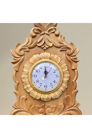 Ahşap El Oyması Duvar Saati 48x30 Cm. Açık Ahşap