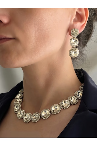 Riviere Kristal Taşlı Çiçek Model Şeffaf Renkli Kolye Küpe Set