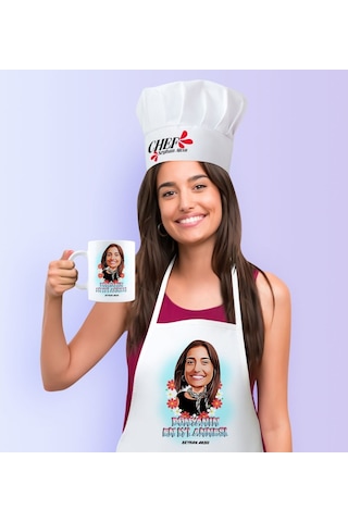 Kişiye Özel En Iyi Anne Karikatürlü Mutfak Önlüğü Aşçı Şapkası Ve