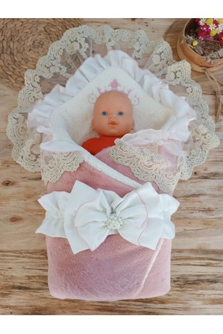 Yenidoğan Wool Yün Kumaş Taç Nakışlı Güpür Duvaklı Fiyonk Prizma Taş Unisex Kundak Bebek Battaniyesi Pembe Çok Renkli