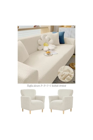 Upmall Tuğla Desen Koltuk Örtüsü Çekyat Kılıfı 3311 Takım Krem