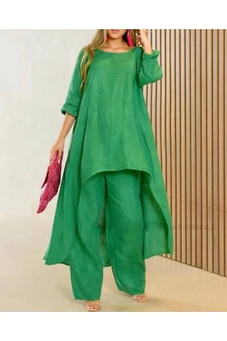Kadın Uzun Kollu Kayık Yaka Detay Tunik Ve Pantolon Ikili Takım Yeşil