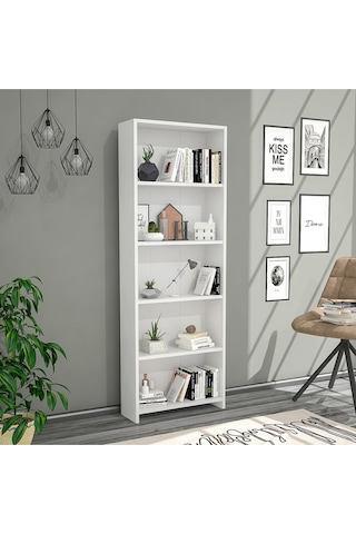 Pelin 5 Raflı Beyaz Kitaplık Modern Çok Amaçlı Raflı Kitap Dolabı