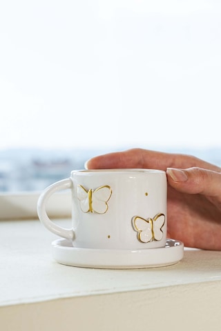 Rivaistanbul Gold Kelebek Amore El Yapımı Seramik Double Kahve Fincanı Mug Kupa Krem