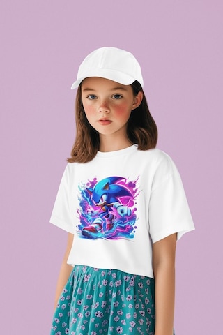 Sevbano Tasarım Süper Sonic Baskılı Unisex Çizgi Film Çocuk Tişört 1-12 Beyaz