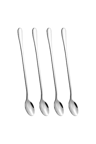 Kosona 4 Adet Paslanmaz Çelik Uzun Saplı Kahve Karıştırıcı Kaşık Seti - Dondurma, Çay Ve Kokteyl İçin Dayanıklı Ev Ve Bar Gereci Gümüş