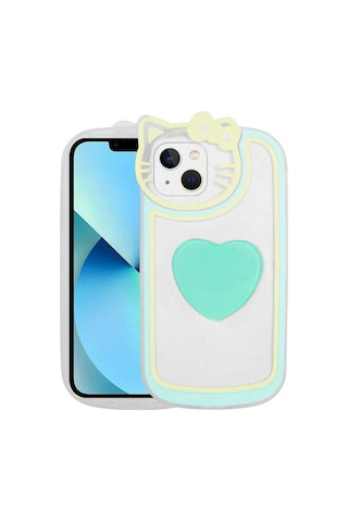 Apple Uyumlu iPhone 13 Kılıf Kedi Figürlü Transparan Pop Soketli Zore Ritmik Kapak Turkuaz