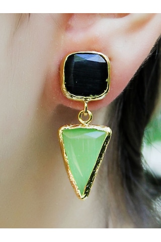 Kare Üçgen Modelli Kedigözü Cam Gold Kaplamalı Kadın Küpe Euku24sy Yeşil