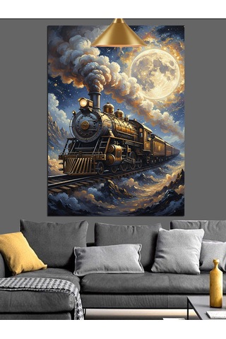 Gece,dolunay Ve Retro Kara Tren Dekoratif Kanvas - Mdf Ahşap Tablo