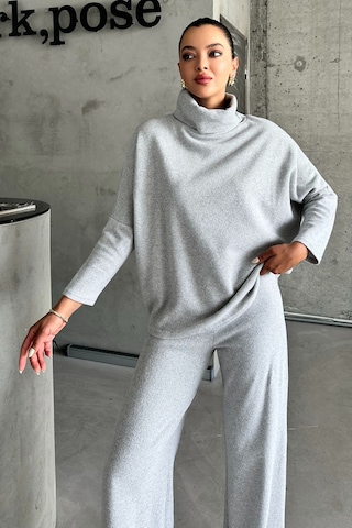 Modagen Kadın Selanik Kumaş Balıkçı Yaka Alt Üst Takım Gri