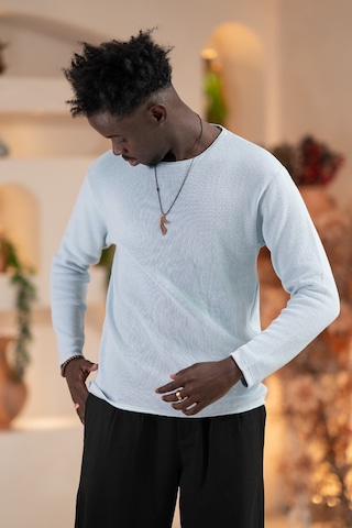 Regular Fit Likralı Kendinden Çizgili Mevsimlik Spor Kazak Mavi