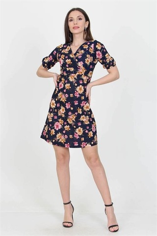 Neşeli Butik Kadın Kruvaze Yaka Çiçek Desenli Örme Krep Mini Elbise Nb100221 Lacivert