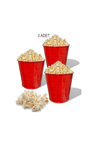 Toptanfoni Kırmızı Metal Popcorn Kutusu - Patlamış Mısır Kovası Kendinden Kabartma Desenli 3 Adet Kirmizi