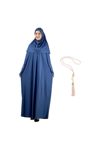Zarif Namaz Elbisesi Ve Türban Tesbih Set Tesettür Şal Müslüman Kıyafetleri Abaya - Siyah İndigo