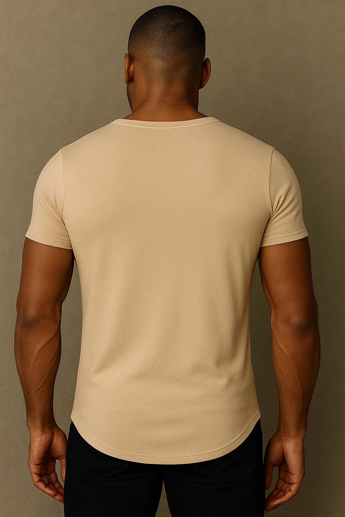 Premium Kalite Erkek Bej Geniş Yaka Tam Likralı Alt Oval Slim Kesim Tişört T-shirt Bej
