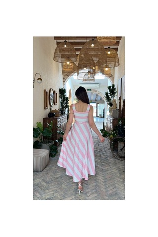 Moda Banuş Çizgili Kemer Detaylı A Kesim Pembe Elbise -dar Kalıp