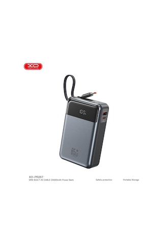 20000mah 65w Hızlı Şarj Destekli Dijital Ekranlı Dahili Kablolu Type-c Powerbank Beyaz