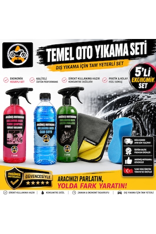 Akgüneş Motogaraj Temel Oto Yıkama Seti 5'li 1 Lt Kullanıma Hazır Pembe Araç Şampuanı + 1 Lt Cam Suyu + 1 Lt Lastik Parlatıcı + Mikrofiber Bez + Sünger Yerli Üretim Ekonomik Araç Bakım Seti
