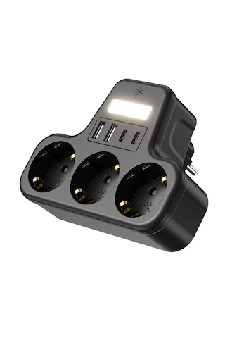 Çoklu Gece Lambalı Priz Yüksek Gerilim Korumalı 3'lü Priz 2x Usb 2x Type-c Çıkışlı Grup Priz Çoğaltıcı 0