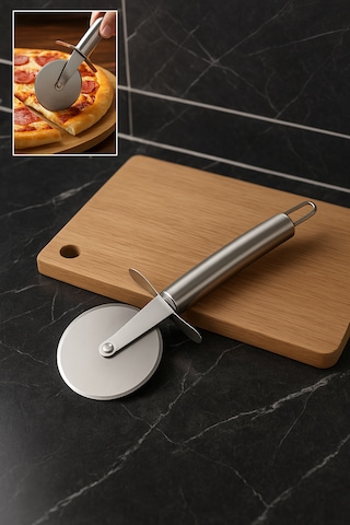 Paslanmaz Çelik Pizza Hamur Mantı Börek Kesme Ruleti Pratik Pizza Kesici Dilimleyici Rulet Gri