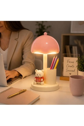 Ayıcıklı Led Masa Lambası Kalemlik Usb Şarjlı 3 Kademeli Ayıcık Kalemlik Telefon Tutucu Altın - Çok Renkli