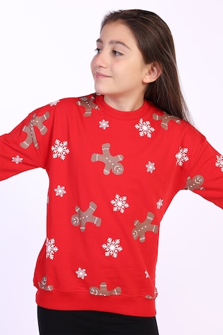 Toontoy Kız Çocuk Kar Taneli Kurabiye Baskılı Sweatshirt Kırmızı