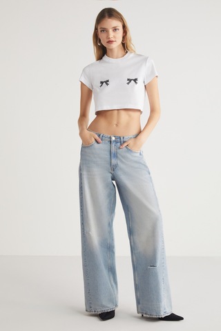 Ethıquet Krım Kadın Kurdele Baskı Detaylı %100 Organik Pamuklu Bisiklet Yaka Crop Beyaz T-shirt