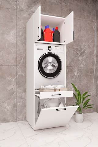 Mdf Çamaşır Makinesi Dolabı Sepetli Beyaz