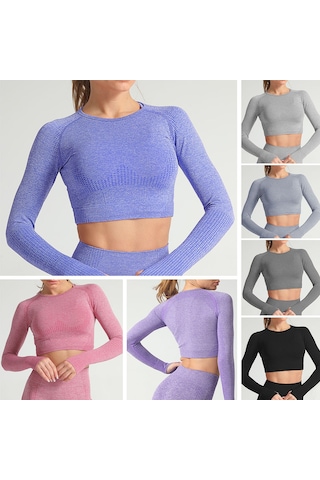 Skycity Kadınlar İçin Esnek Noktalı Yoga Üstü, Uzun Kollu Ve Göbek Açık Spor Giysisi Gri