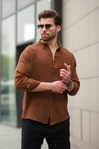 Madmext Kahverengi Basic %100 Pamuklu Uzun Kollu Erkek Gömlek E6761 Kahverengi