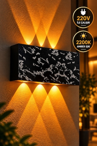 Siyah Gümüş Desenli 12w 2200k Amber Işıklı 3 Gözlü Yukarı Aşağı Dekoratif Duvar Apliği 16 Cm Amber Işık
