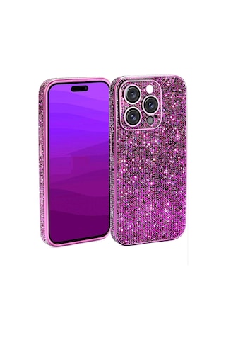 Caş Dekorasyon Mor Renk Taşlı 14 Pro Max Telefon Kılıfı Mor