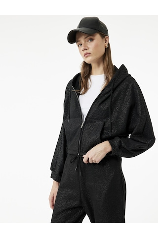 Koton Şardonlu Kapüşonlu Baskılı Cep Detaylı Fermuarlı Sweatshirt Siyah 6wal10488ık Siyah