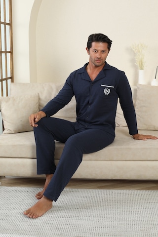 Flk 7000 Boydan Düğmeli Kışlık İki İplik Kalın Kumaş Erkek Ev Pijama Takımı Lacivert