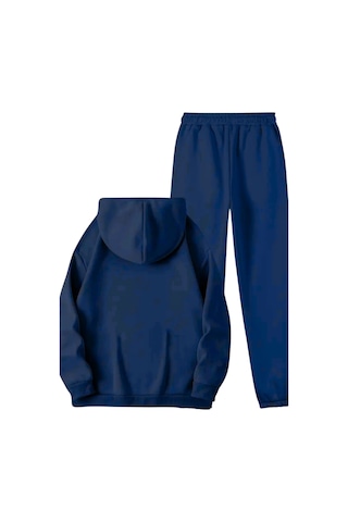 Unisex Lacivert Panda Cep Baskılı Eşofman Kapüşon- Kışlık Şardonlu Kumaş Lacivert