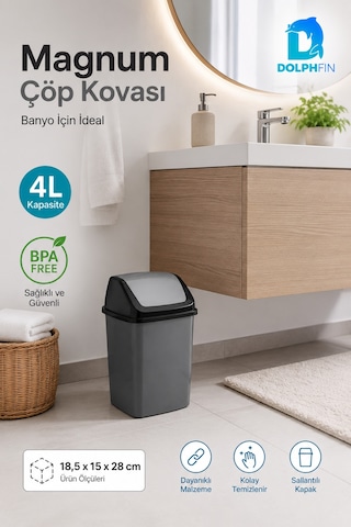 Magnum 4 Litre Sallanır Kapaklı Mini Çöp Kovası Banyo Mutfak Ofis Antrasit Siyah